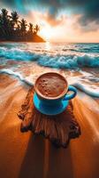 Sunrise coffee on the beach with palm trees and gentle waves in the background photo