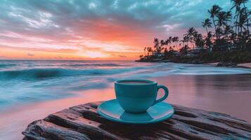 Enjoying a warm cup of coffee at sunset on a tropical beach with gentle waves and palm trees photo