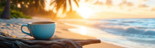 Sunset view with a cup of coffee on the beach, surrounded by palm trees in a tranquil tropical setting photo