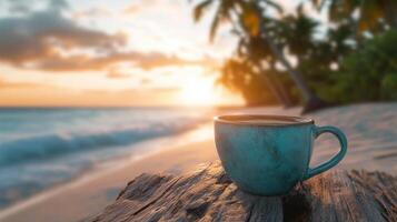 Enjoying a cup of coffee on a serene beach at sunset with waves gently crashing in the background photo