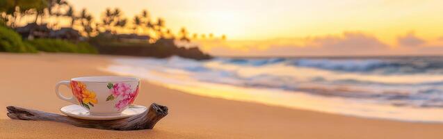 Enjoying a serene cup of tea on the beach at sunrise in a tropical paradise photo