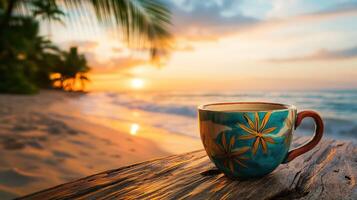 Enjoying a warm drink on a sandy beach at sunset with palm trees and ocean views in the background photo