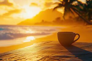 Enjoying a warm cup of coffee by the beach at sunset while surrounded by stunning tropical scenery photo