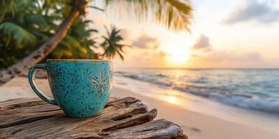 Enjoying a warm beverage while watching the sun set over the tranquil beach paradise photo