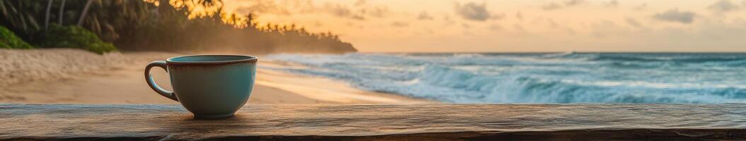 Enjoying a tranquil morning with coffee by the beach as the sun rises over the waves and palm trees photo