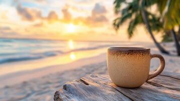 Enjoying a warm cup of coffee by the beach during sunrise with golden skies and gentle waves photo