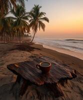 Enjoying a quiet morning coffee by the beach with palm trees and sunrise view photo