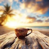 Enjoying a warm cup of coffee at sunrise on a tranquil beach with palm trees photo