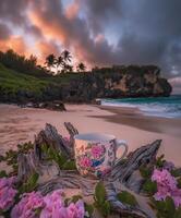 Sunset at the beach with a floral cup surrounded by vibrant flowers and driftwood on a tropical island photo