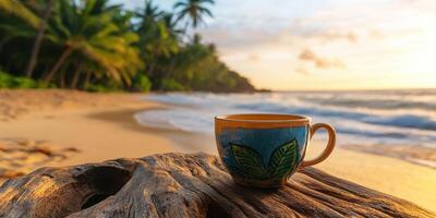 Relaxing morning on the beach with a cup of coffee and the sunrise illuminating the tranquil landscape photo