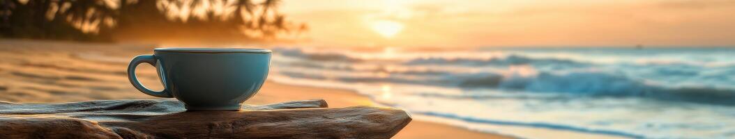 Enjoying morning coffee by the tranquil beach as the sun rises over the horizon photo