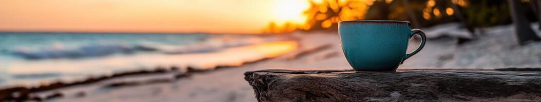 Enjoying coffee on the beach at sunrise with gentle waves and a tranquil atmosphere photo