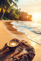 Enjoying coffee at sunrise on a serene beach with gentle waves and lush palm trees photo