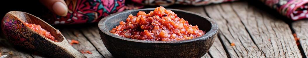 A wooden bowl filled with red food photo
