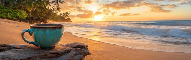 Morning coffee on a quiet beach at sunrise, inviting relaxation and tranquility during a tropical getaway photo