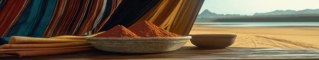 A dazzling array of vibrant spices is beautifully showcased in a traditional setting right by the shimmering sea, illuminated by the stunning hues of the sunset photo