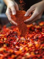 Preparing flavorful spice blend from dried peppers at a vibrant market stall in Mexico photo