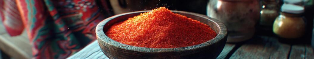 A bowl of red powder sitting on top of a wooden table photo