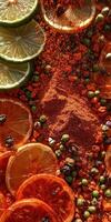 Vibrant arrangement of spices and dried fruits showcasing traditional flavor profiles with lime and orange slices photo