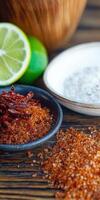 Spicy seasoning featuring a mix of dried chili and salt with fresh lime garnishes on a rustic wooden table photo