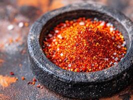 Enjoy the vibrant flavors of spice blend showcasing red chili powder and salt in a rustic stone bowl photo
