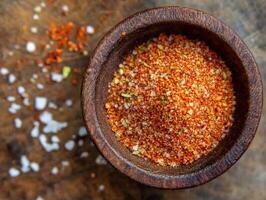 Exploring the vibrant flavors of tajin in a rustic wooden bowl on a kitchen countertop photo