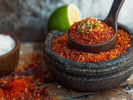 Flavorful mix of spices in a stone bowl, showcasing vibrant colors and textures from seasoning preparations photo