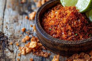 Tajin seasoning with lime wedges on a rustic wooden surface sprinkled with snacks photo
