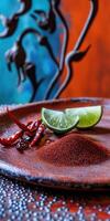 Spice blend featuring chili peppers and lime on a vibrant wooden platter with artistic background photo