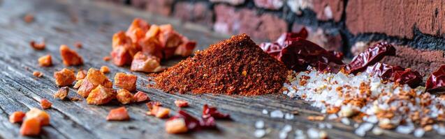 Colorful spices including tajin displayed on a rustic wooden surface with dried chilies and salt complementing the blend photo