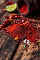 Exploration of spices in vibrant colors and textures on rustic wooden surface showcasing authentic culinary elements photo