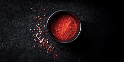 Rich and vibrant spice blend in a dark bowl with scattered grains on a textured surface photo