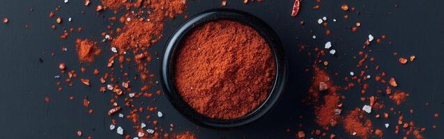 Bright red spice in a black bowl surrounded by scattered salt and dried peppers on a dark background for culinary use photo