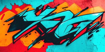Graffiti art on a wall with the word yog written in red, blue and photo