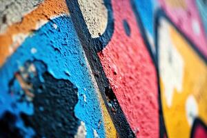 A close up of a colorful wall with graffiti photo