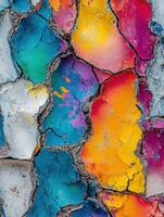 A colorful painted wall with cracks and paint photo