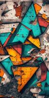 A graffiti wall with colorful triangles photo
