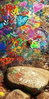 A rock with graffiti on it and a large rock photo