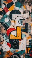 A colorful graffiti wall with many different designs photo