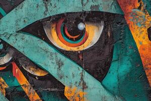 Vibrant graffiti mural featuring a striking eye design on a wall photo