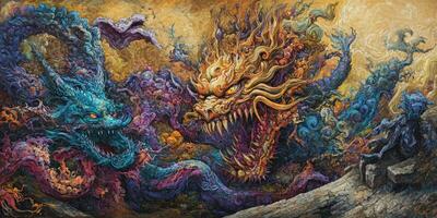 Vivid dragon-themed graffiti showcasing dynamic creatures in urban art photo