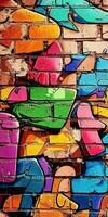 Vibrant graffiti art on a brick wall in an urban area photo