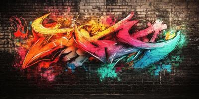 Vibrant graffiti art on urban brick wall with colorful designs photo