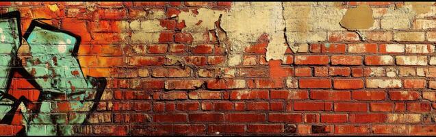 Colorful graffiti art on an old weathered brick wall photo