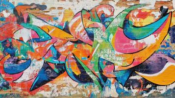 Vibrant graffiti art on a brick wall showcases colorful design photo