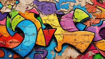 Colorful graffiti art on a weathered wall in an urban setting photo