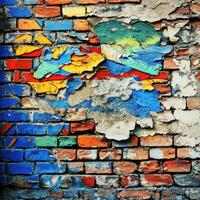 Vibrant graffiti on a weathered brick wall in an urban setting photo