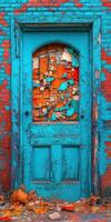 Vibrant graffiti-covered door in an urban alleyway photo