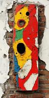 Brightly colored graffiti on a weathered wall in an urban area photo