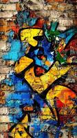 Colorful graffiti artwork on a textured brick wall in the city photo